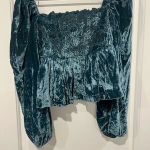 Anthropologie Long-Sleeve Luxe Velvet Cutwork Blouse Top Turquoise